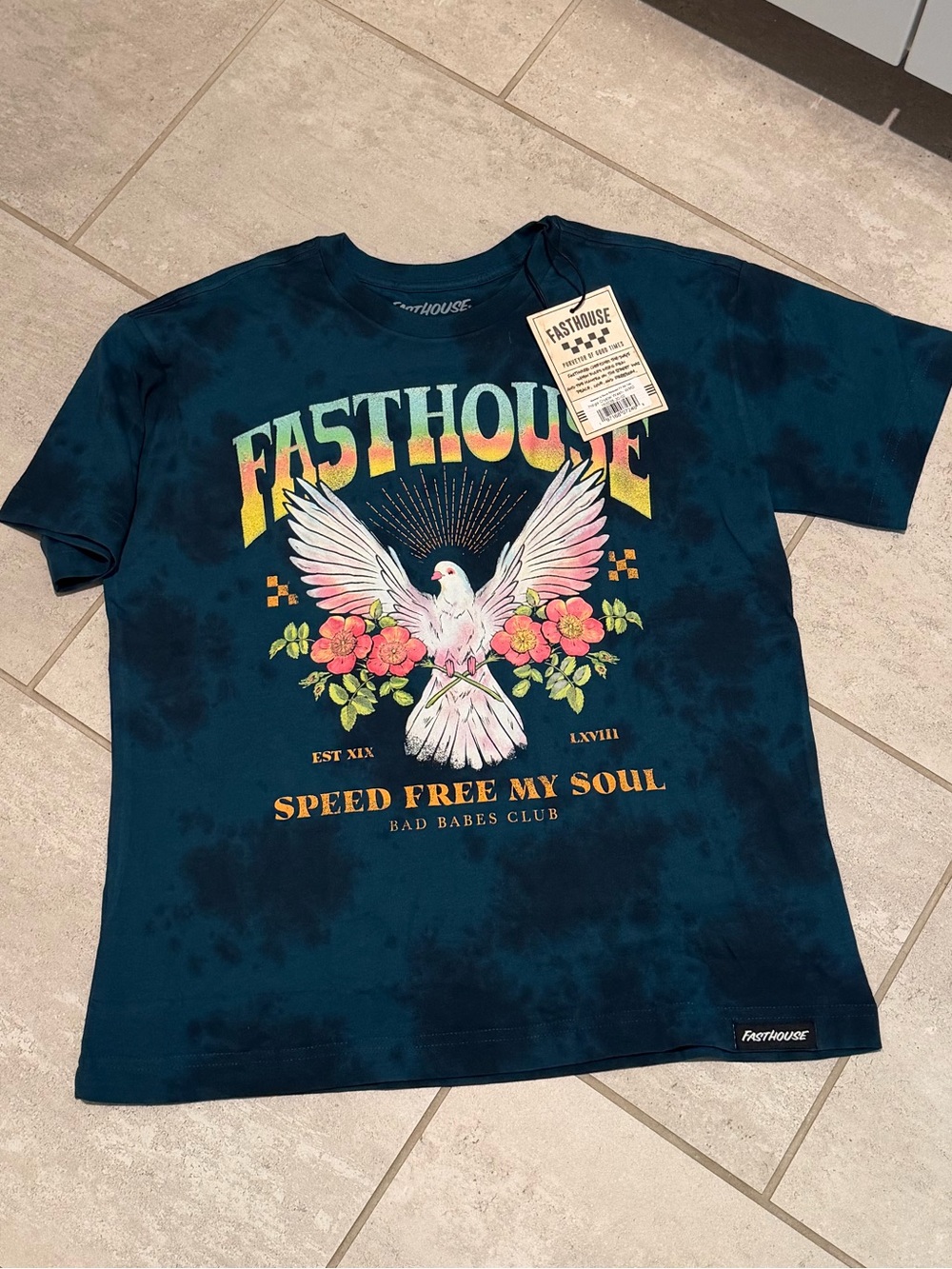 Fasthouse Navy Tie-Dye Dove Graphic Tee, new with tags